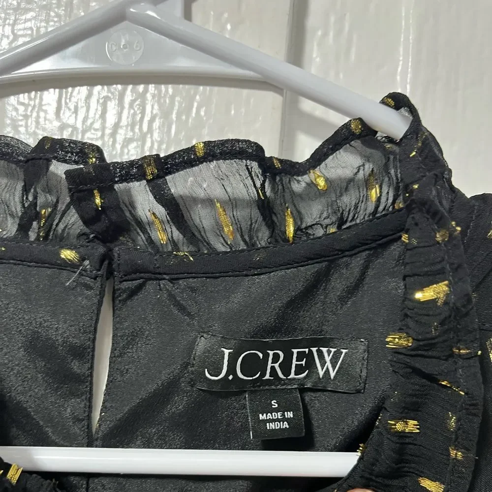 J Crew puff sleeve black Blouse with gold embroidery metallic thread size small